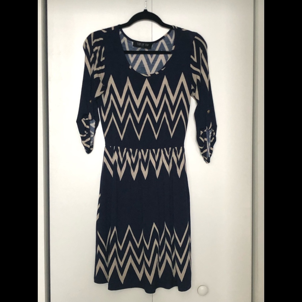 Peace Love Cream Navy blue and tan Chevron dress